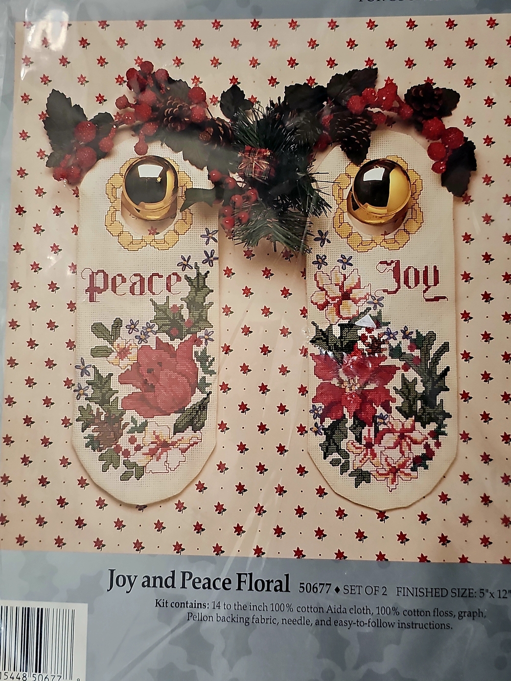 Joy and Peace Floral Door Knob Hangings Christmas Decor Cross Stitch Kit